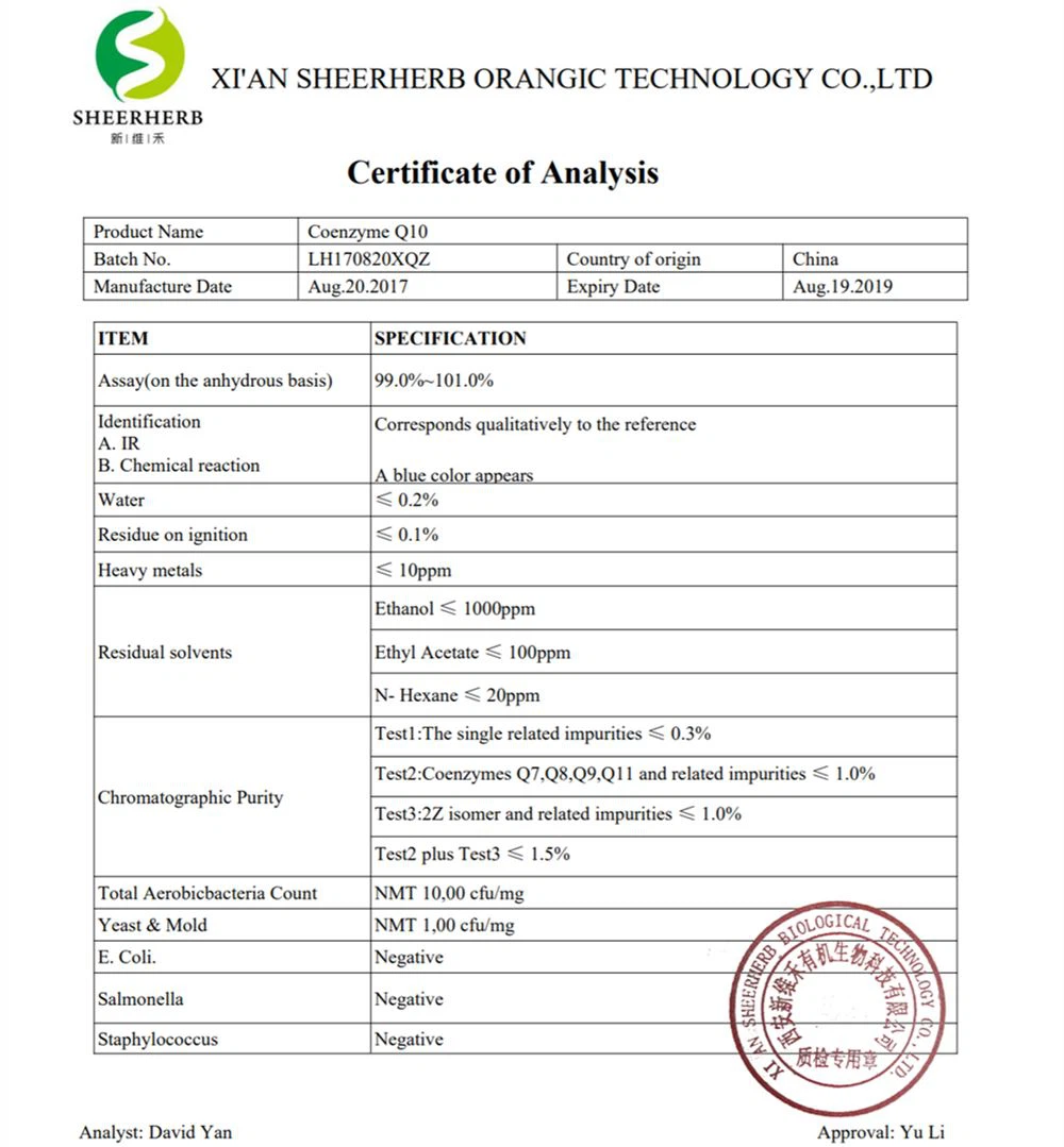 Coenzyme q10 Certificate of Analysis (COA)